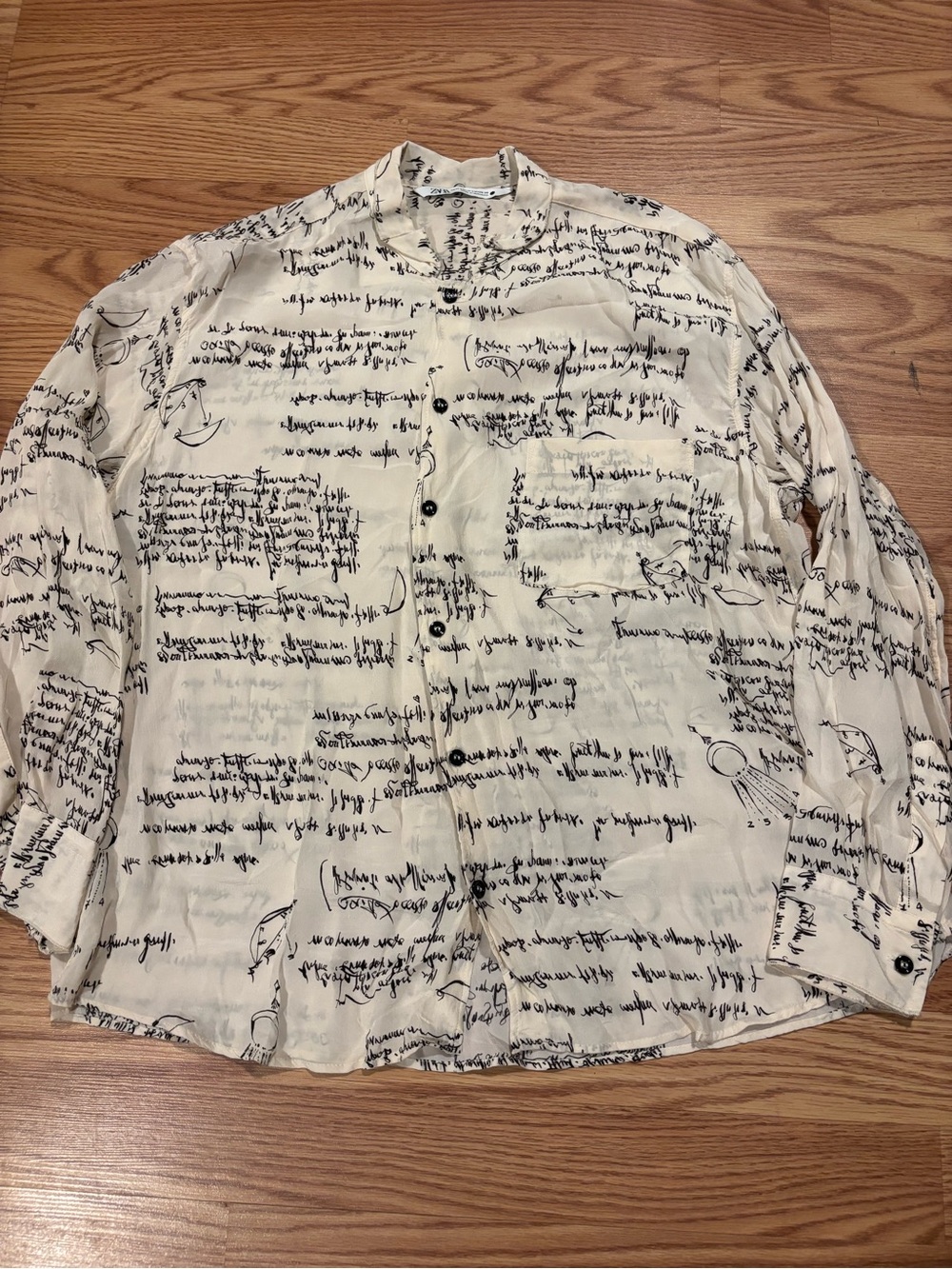 Zara Cream Button-Down Shirt with Black Script Print size medium